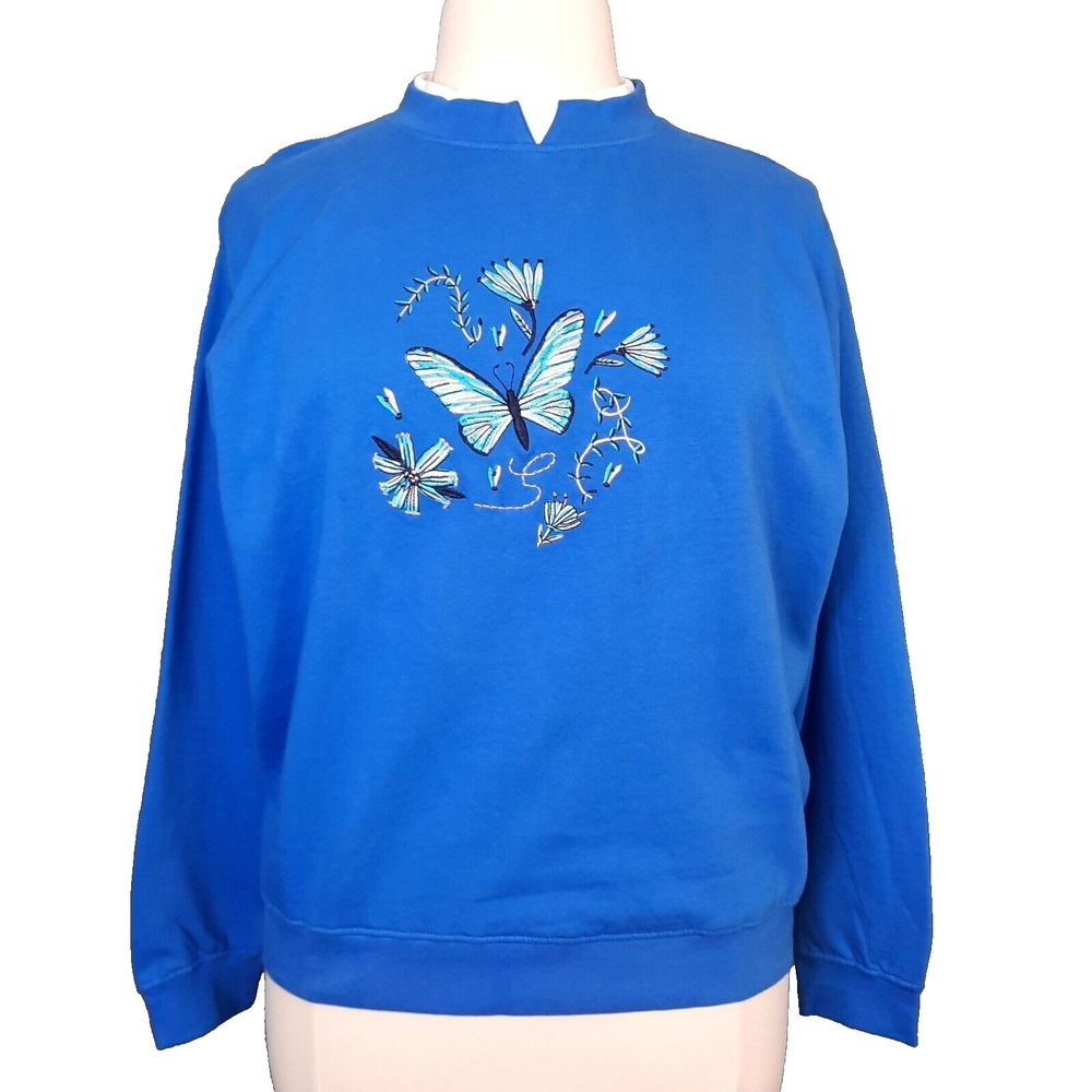 VTG Butterfly Floral Sweatshirt Womens XL Embroidered Oversized Grandmacore 90s